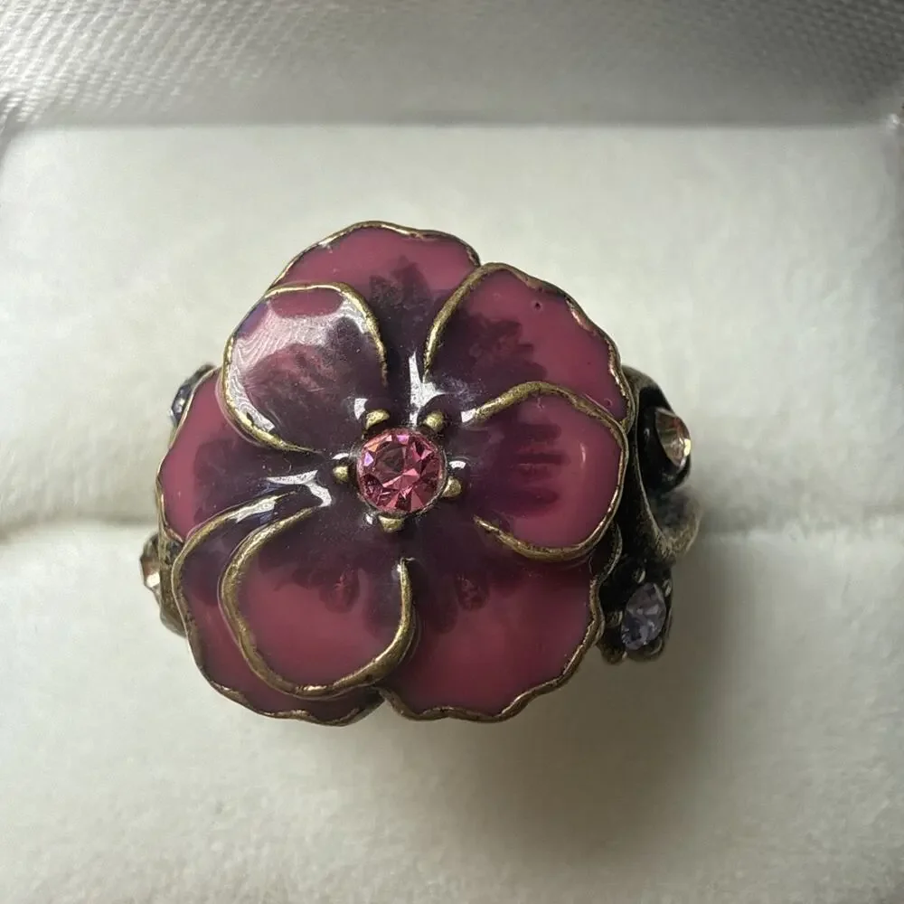 Vintage Anna Sui Enamel Pansy Flower Ring Y2K Goth Whimsigoth Pink Purple 6.5
